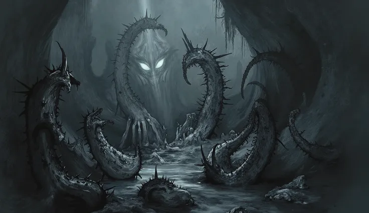 Tentacles coming out of a black pit in a dark underground cavern, barbed tentacles, large glowing white eyes in the background, darkness, shadow, Eldritch horror, surreal, high detail, masterpiece.