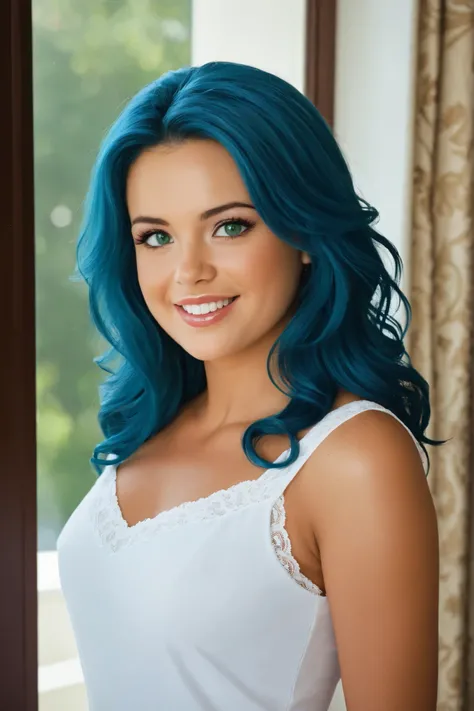 (masterpiece:1.4), (best quality:1.3), (good quality:1.2), newest, detailed skin pore, elsajean, annpqnssth, setacebeohp, MadokaAyukawa, 1girl, (ultra-detailed face:1.2), blue hair flowing in gentle waves, long silky hair reaching waist, mesmerizing green ...