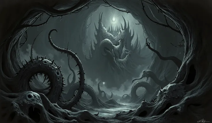 Tentacles coming out of a black pit in a dark underground cavern, barbed tentacles, large glowing white eyes in the background, darkness, shadow, Eldritch horror, surreal, high detail, masterpiece.