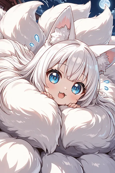 ((Masterpiece)),((best quality)),((incredibly absurdres)),((8K)),(anime style), 
 1 (chibi girl),(anime chibi),solo,white hair,long hair,straight hair,blue eyes, face,cute,kawaii,(white fox tail),(white fox ears),white ear hair,pink inner ear,
:3,open mout...