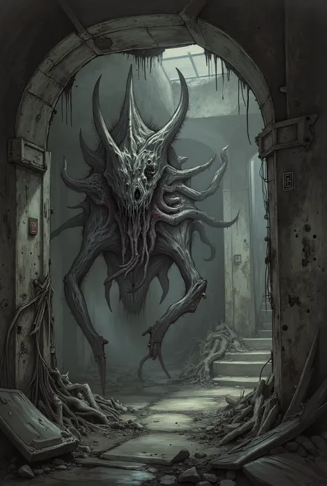 Evil creature with a beast skull face and a humanoid body with tentacles coming out of his chest in the dilapidated basement of an abandoned home, darkness, shadow, Eldritch horror, surreal, high detail, masterpiece.