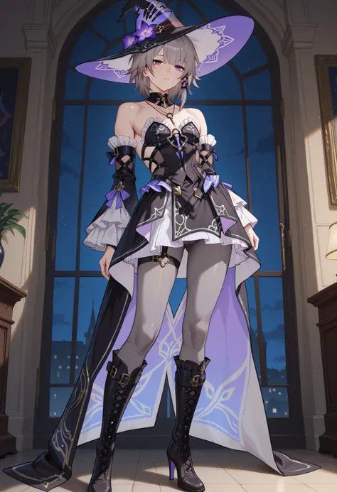 masterpiece, best quality, absurdres, highres, 1boy, solo, THEHEITA_\(honkai_star_rail\), genderswap (ftm), manly, purple eyes,grey hair, short hair, black dress,witch hat,detached sleeves,bare shoulders,gray pantyhose,key necklace,frills,asymmetrical boot...