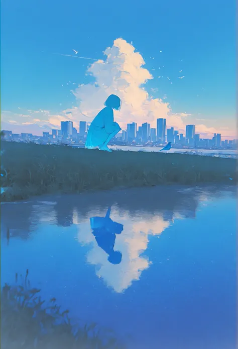  MF9f, reflection, sky, Squatting , bird, signature, cloud, 1 girl, alone, Scenery, sunset,  outdoors, skyline, cityscape, short hair, city, horizon, blue sky, silhouette, building, dinner,  gradient sky, dusk, cloudy sky, reflective floor, masterpiece, Ul...