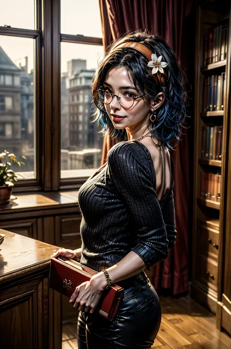 Steampunk scene, levy,1girl,solo ,small breasts, blue hair, hairband, brown eyes, ((wearing a jumper, tailored trousers, jewelry, necklace, earrings, bangles, spectacles, hair flower)), smile, looking at viewer, ((standing next to bookshelves in study-roo...