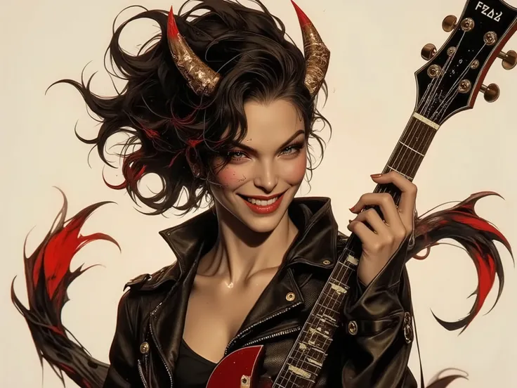 Female, 23, Chaos-infused human, 187 cm tall, sun-kissed tan skin, black hair with fiery scarlet streaks, messy waves, mischievous grin, high cheekbones, sharp jawline, ever-shifting eyes, occasional horns, retractable claws, vibrant red-tipped tail, leath...