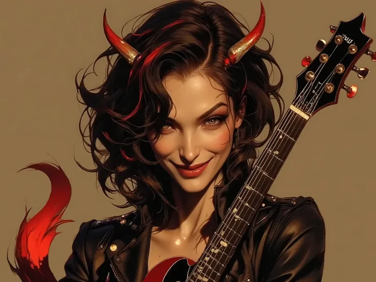 Female, 23, Chaos-infused human, 187 cm tall, sun-kissed tan skin, black hair with fiery scarlet streaks, messy waves, mischievous grin, high cheekbones, sharp jawline, ever-shifting eyes, occasional horns, retractable claws, vibrant red-tipped tail, leath...