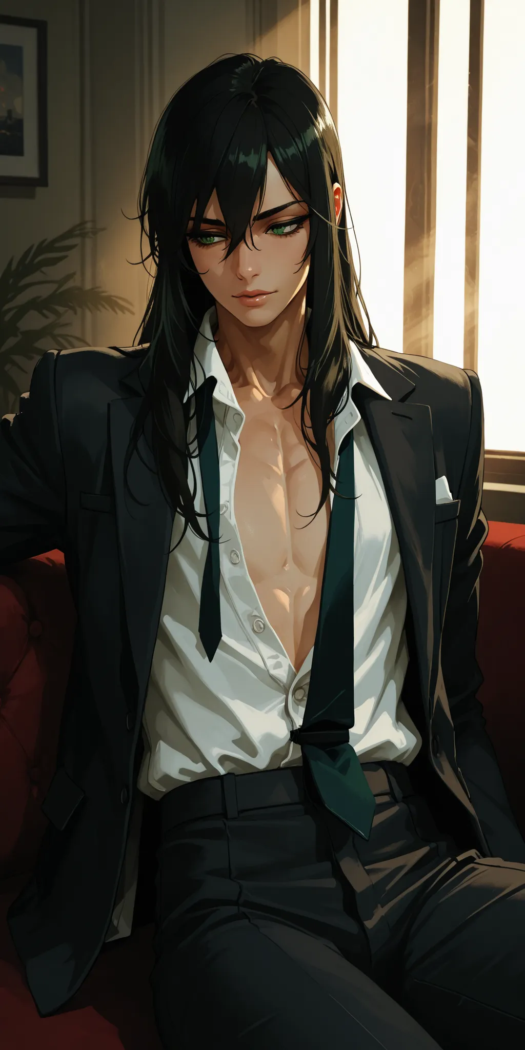 subsurface scattering, sss, atmospheric lighting, atmospheric haze, detailed anatomy, office setting, 1male, crossdressing, black hair, dominant, long hair, green eyes, muscular, seductive, Expressveh, solo, suit and tie, flat chest, sitting, relaxed, unbu...