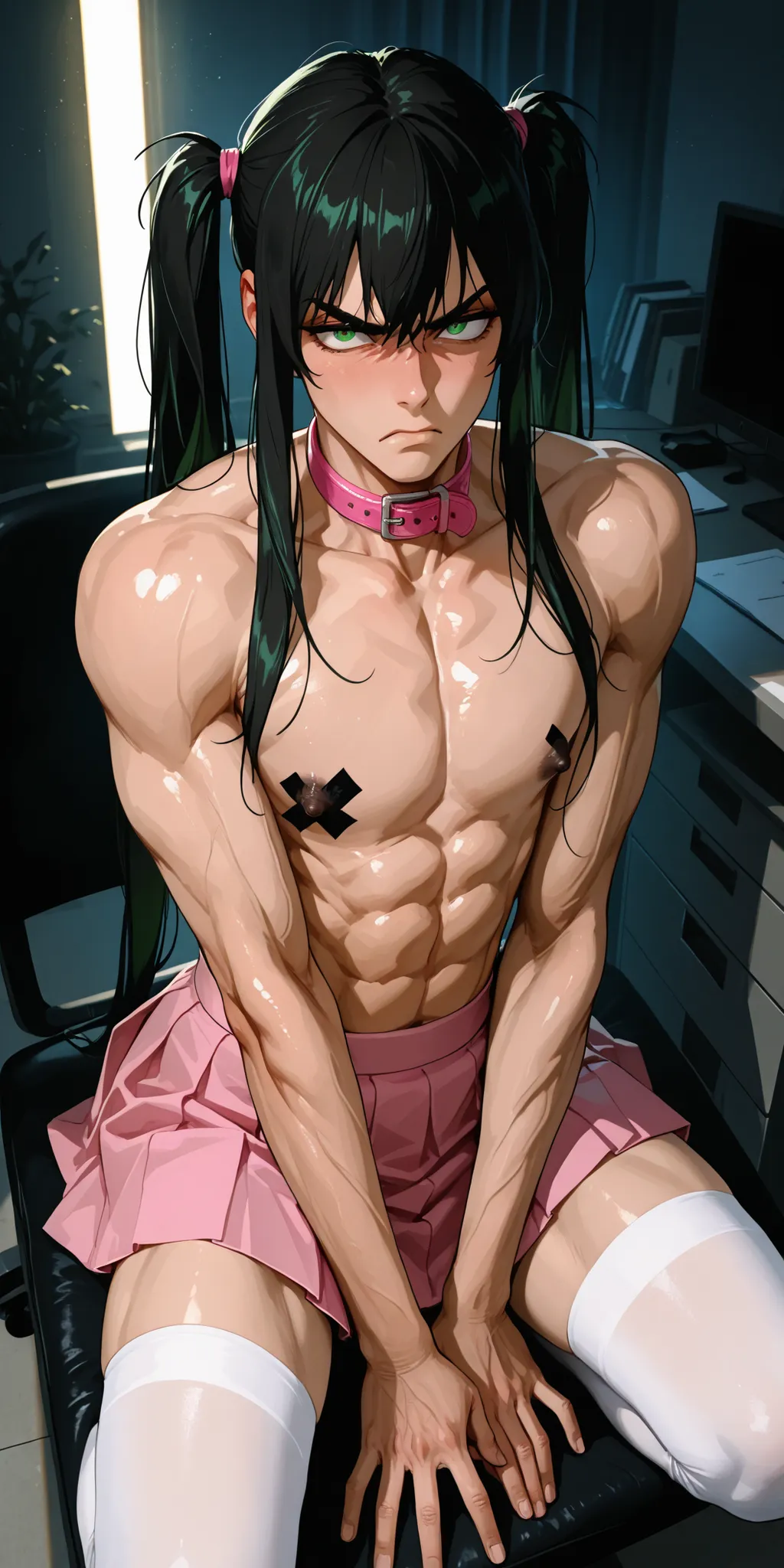 subsurface scattering, sss, atmospheric lighting, detailed anatomy, office setting, 1male, crossdressing, black hair, dominant, long hair, green eyes, muscular, seductive, Expressveh, solo, skirt, white thigh high socks, flat chest, big pectorals, black ni...