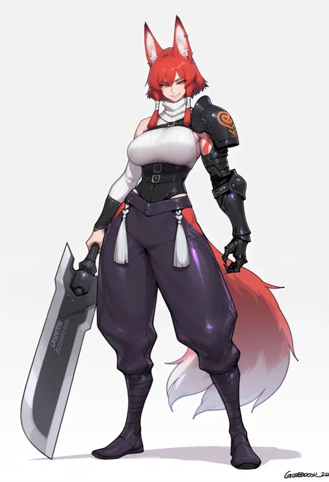 gorgeous kitsune girl, beautiful face, kitsune, hair of ash-purple color, beautiful woman, orange eyes, slit pupils, volputrous body, toned woman, curvy and athletic, fox ears, short hair, white ribbed sleeveless sweater, leather underbust, chest belt, bug...