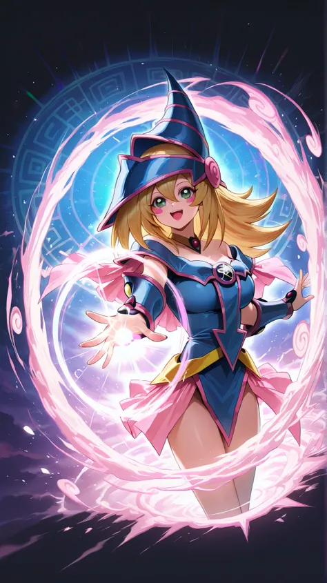 Score_9,Score_8_up,Score_7_up,illustration yu gi oh, dark magician girl, highest quality,detailed,(1 beautiful black magician girl),happy, beautiful face, magic background