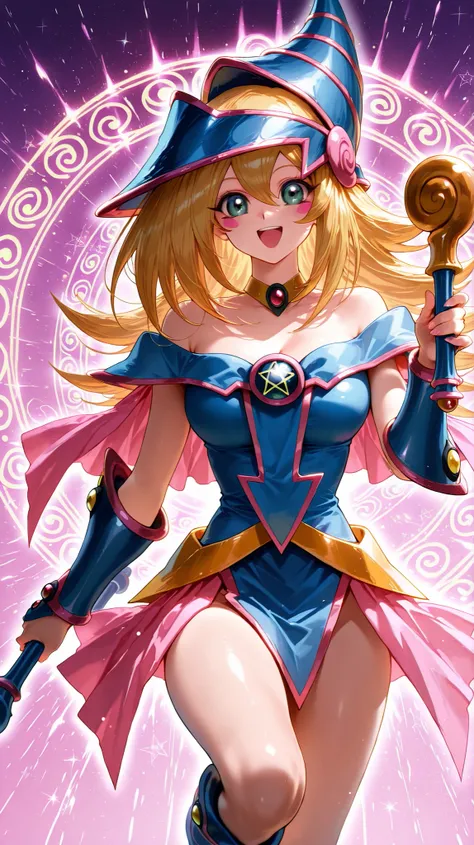Score_9,Score_8_up,Score_7_up,illustration yu gi oh, dark magician girl, highest quality,detailed,(1 beautiful black magician girl),happy, beautiful face, magic background, high quality wallpaper,