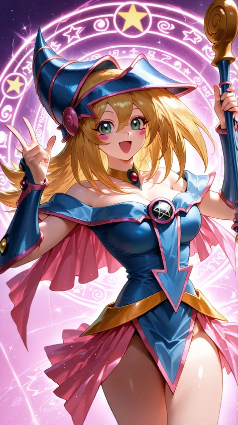 Score_9,Score_8_up,Score_7_up,illustration yu gi oh, dark magician girl, highest quality,detailed,(1 beautiful black magician girl),happy, beautiful face, magic background, high quality wallpaper,