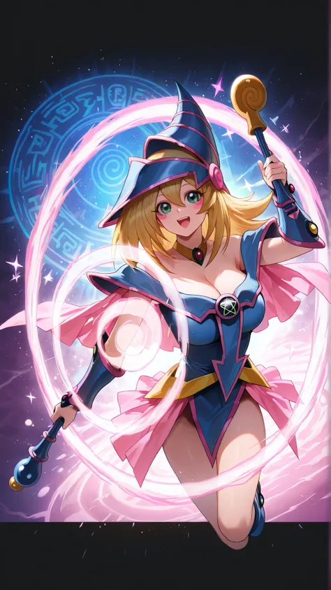 Score_9,Score_8_up,Score_7_up,illustration yu gi oh, dark magician girl, highest quality,detailed,(1 beautiful black magician girl),happy, beautiful face, magic background