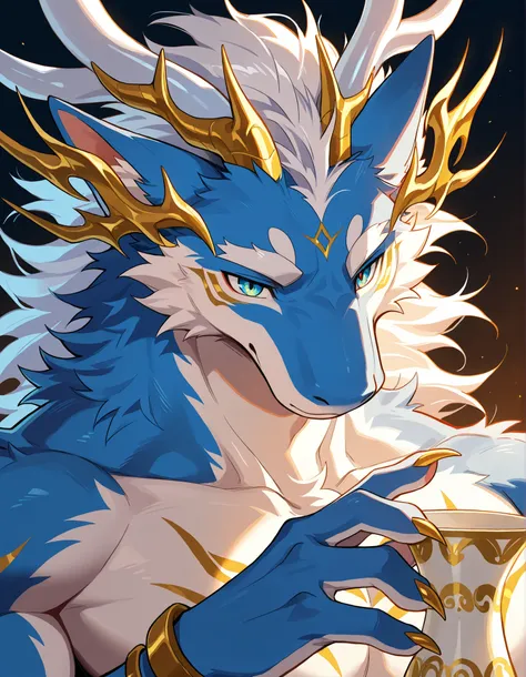 furry, round eyes, dragon, A humanoid creature stands with a relaxed yet confident posture, exuding an air of nonchalance. This anthropomorphic character has a sleek blue and white fur pattern, with the blue fur covering the majority of the body and contra...