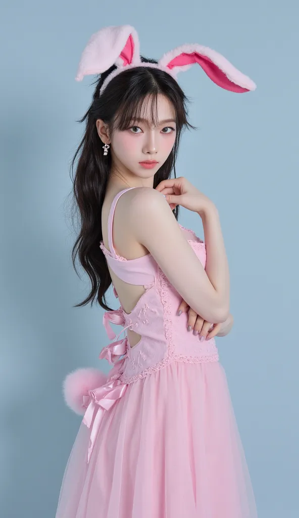 top quality/masterpiece/high resolution/beautiful Korean idol/esupa very sophisticated) ( one woman with Misty , solo, Full body rabbit girl, rabbit ears, rabbit tail, animal year,  animal girl ,  rabbit costume,  demon cosplay