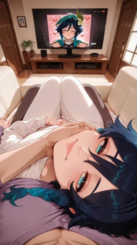 1boy on side, lying, from side, resting head, sleepy face, happy, lips, venti(genshin), resting on chest, lean back, looking at viewer, head on pov chest, snuggle, flirt, romantic atmosphere, happy, hearts, tv, home, cozy, male pov, povoverShoulder, pov ha...