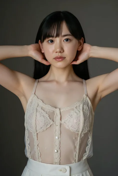 a Japanese woman is staring at the viewer、sleeveless see-through camisole · Hands crossed behind the head · Embarrassing expression、medium chest、Nipples push up the camisole · armpit hair grows