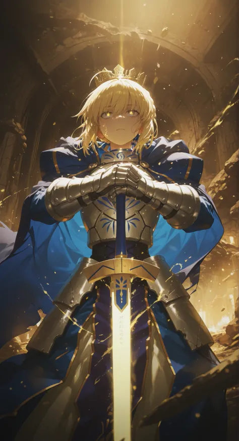 Masterpiece, best quality, amazing quality, ultra-detailed, 8K, digital painting, concept art, cinematic lighting BREAK 1girl, solo, (fate/stay night: Artoria Pendragon), [Saber], serious intense expression, glowing golden eyes, flowing blonde hair, crown ...