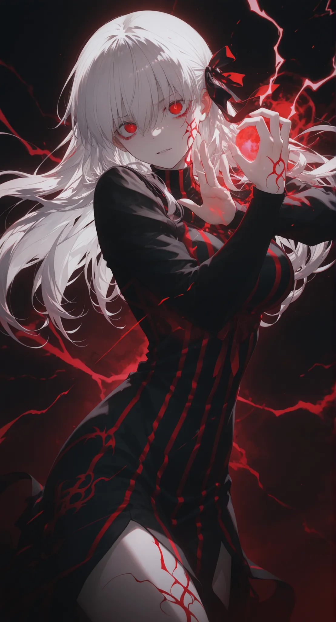 1girl, solo, black background, dark, wanke, Sakura Matou\(fate stay night), white hair, red eyes, long hair, hair ribbon, body markings dark persona, corruption, red striped dress, long black dress, turtleneck teeth clenching, focus, serious, dynamic pose,...