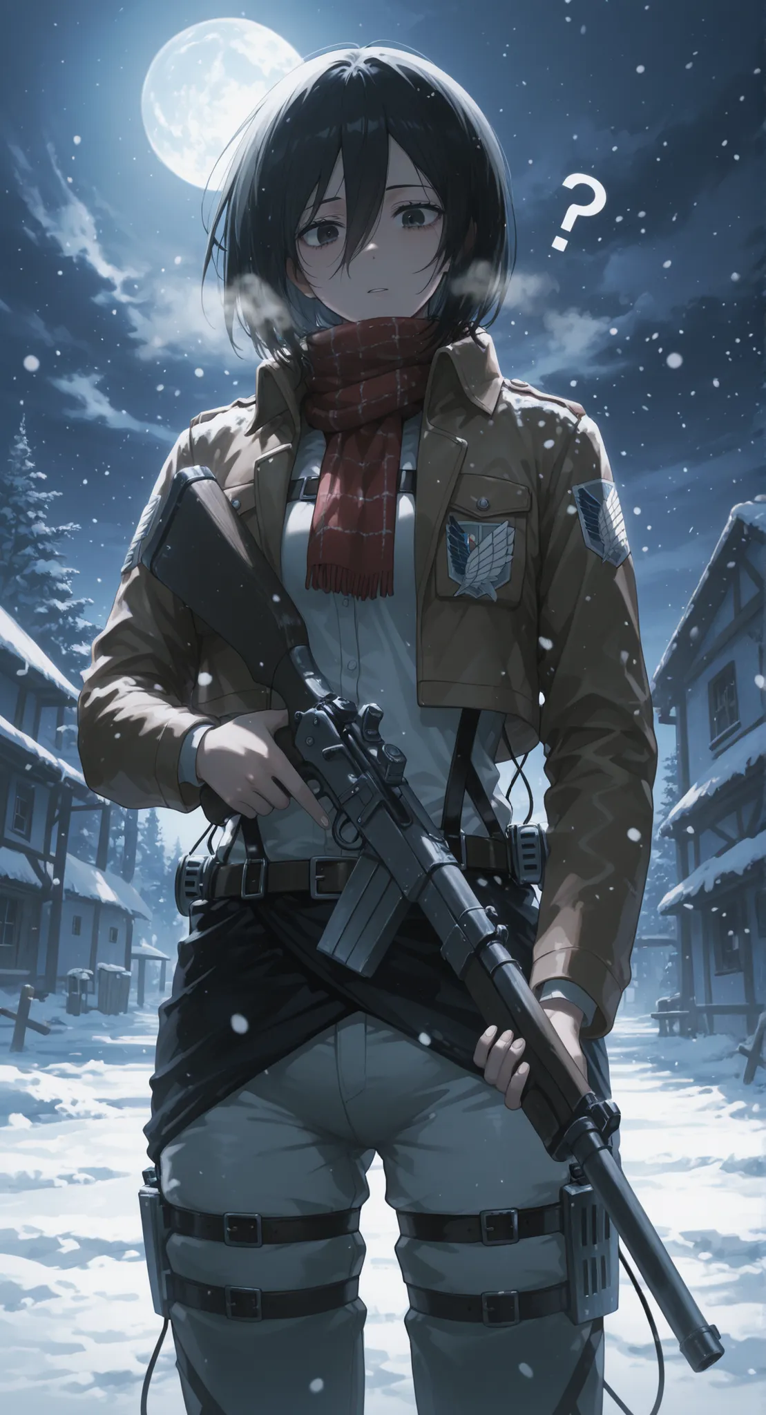 masterpiece, best quality, amazing quality, very aesthetic, absurdres, newest, shingeki no kyojin,mikasa ackerman,1girl,black eyes, soloshort hair, black hair, scarf, paradis military uniform, emblem, jacket, snowing, holding rifle, night, cloudy sky, brea...