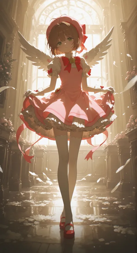 masterpiece, best quality, amazing quality, very aesthetic, absurdres, newest, cardcaptor sakura,kinomoto sakura,1girl, solo,short hair,antenna hair brown hair, green eyes, fuuin no tsue, white gloves, dress, wings, pink headwear, hat, magical girl, red fo...