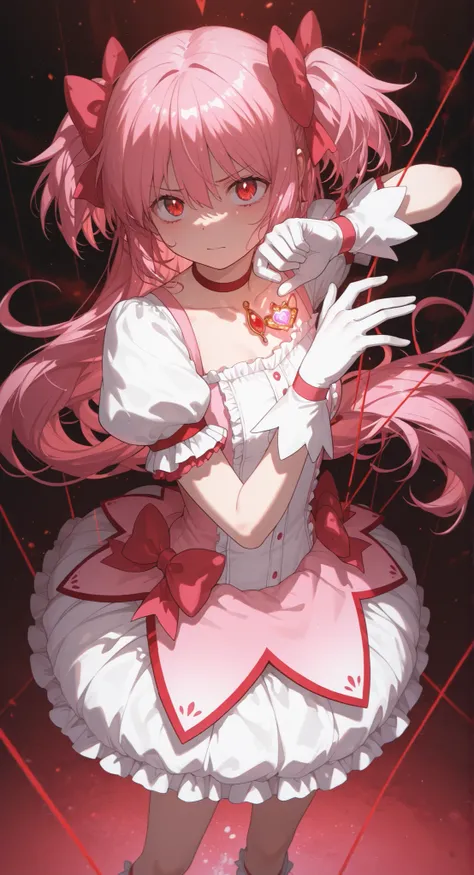 (masterpiece, best quality, very aesthetic, ultra detailed), Ramwam style, Madoka Kaname (puella magi madoka magical), magical girl, magical girl outfit, red eyes, determined expression, drawing back a string of a bow
