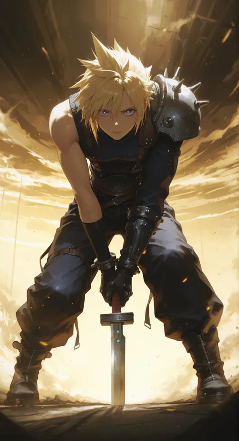 masterpiece, best quality, amazing quality, very aesthetic, absurdres, newest, digital art, anime style,final fantasy7,cloud strife,1boy, solo,blue eyes, blonde hair, spiked hair,holding sword, dynamic pose, leaning forward, intense expression,yellow backg...