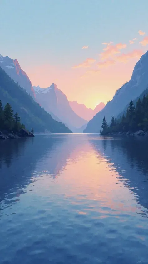 Impressionistic style，Quiet inland lake at dusk，The surface of the lake is like a mirror，reflects the fading sky and the outline of the mountains，ripples gently rippling with shimmer light，creates a quiet and mysterious atmosphere，Colorful，Clear brushstrok...