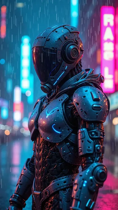 Cyberpunk neon style, a sleek mechanical armor suit glowing with vibrant blue and pink neon lights, intricate metallic details reflecting the futuristic cityscape, dynamic low-angle shot with rain effects