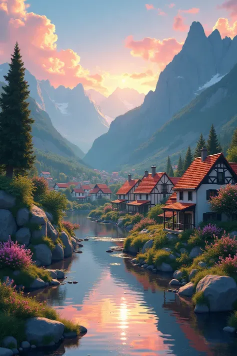 a small village by the river，Background is mountains，Flowers bloom，Brightly colored，Detailed scenery，Beautiful natural landscape，Ambiance Lighting，Scorching sunset，a warm color palette，utility，utility摄影，Delicate leaves，Intricate architecture，cobblestone st...