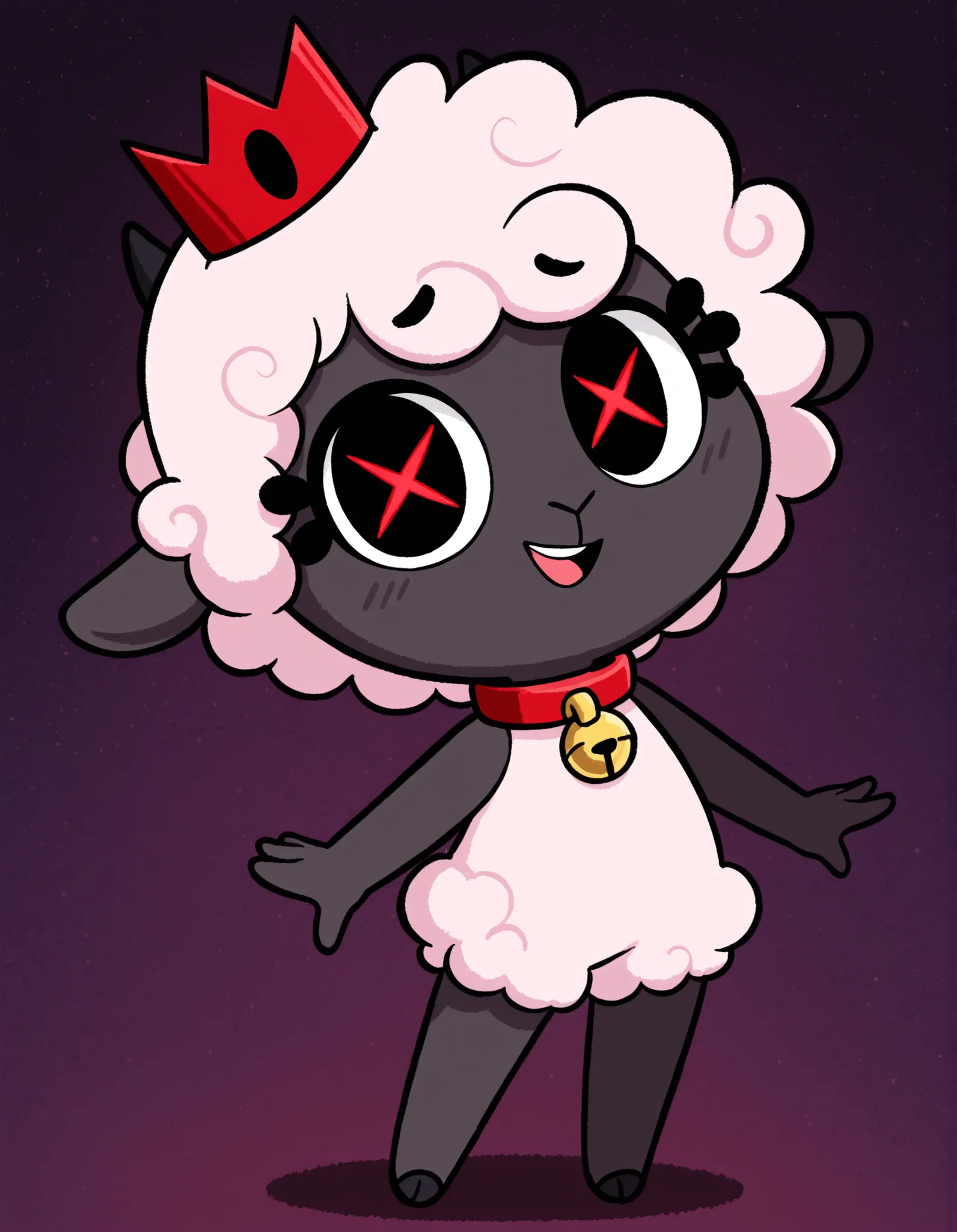 gaturo style, g4tur0,, masterpiece, best quality, very aesthetic, 1girl, solo, cult of the lamb, sheep girl, collar, horizontal pupils, red/black eyes, red crown,