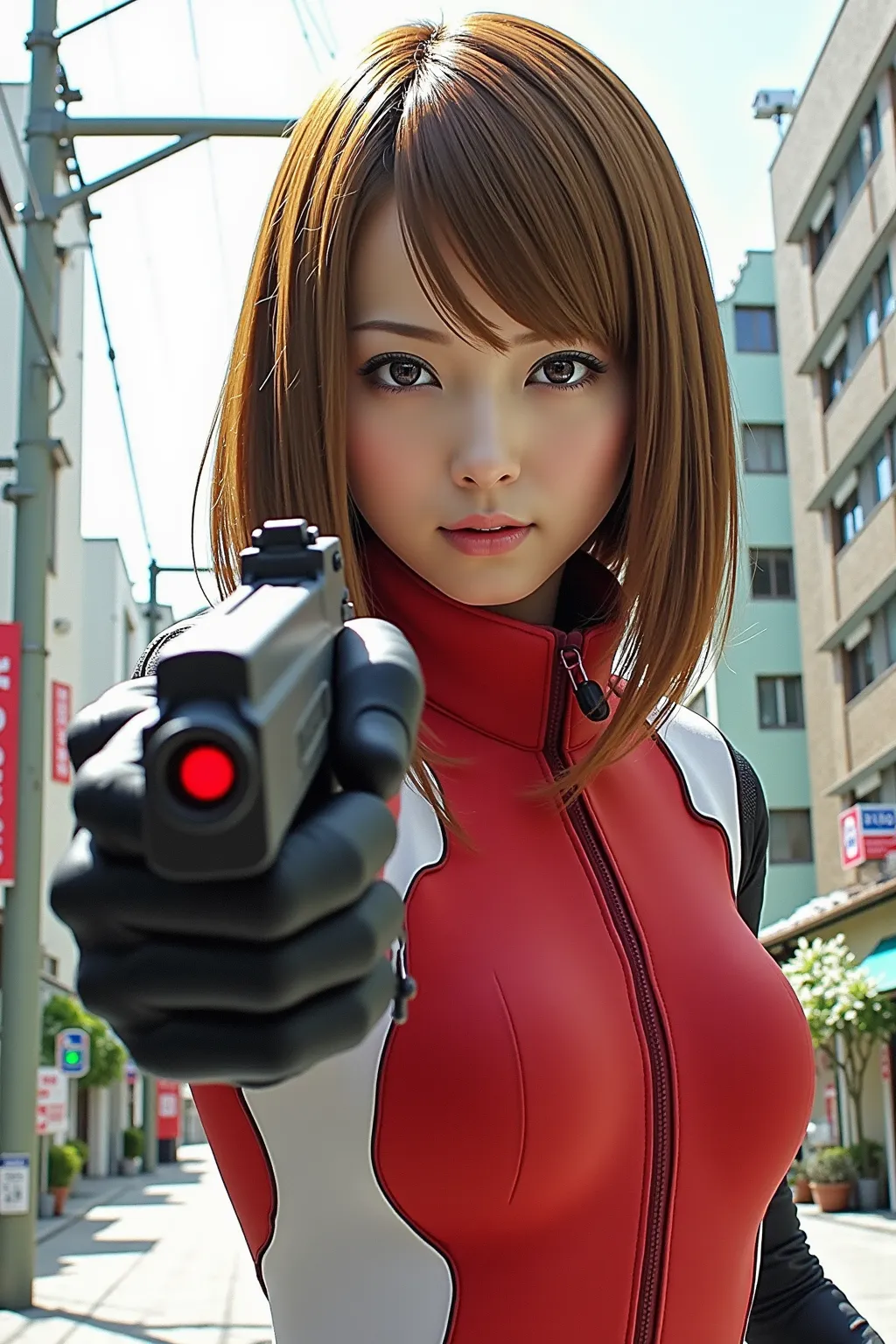 (masterpiece、  High Definition  、 like a mirror 、     Movie Experience  、 very detailed、 No sword)、8k、Wallpaper、 (best illustration:2.0)、 (1 person:2.0)(         Ghost in the Shell worldview:2.0)、        Gunfight、 (Irradiate a white tactical bodysuit with a red laser pointer:2.0)、 (heavy red bulletproof vest:2.0)、 (black gloves:2.0)、 (long blonde:2.0)、 ( face details  )、 (female hand-drawn details:2.0)、 (M-16 front:2.0)、 (Tokyo with science and technology in the background)Phenomenon        :2.0)、 Shoot while falling、(the white tactical bodysuit is irradiated with a red laser pointer:2.0)、(M-16 rifle firing:2.0)full body high resolution photo。