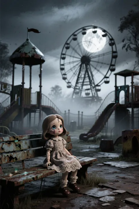 廃遊園地にぽつんと座る人形👻