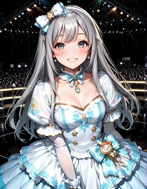 cute idol in glamorous outfits,mini idol costume,Long-sleeved bolero with embroidery， ash grey hair,very big and voluminous bow,white lolita gloves,looking here,bright smiles，Dazzling Smile，cute and dynamic Bose，reach out to the viewers，Big Ribbons on the ...