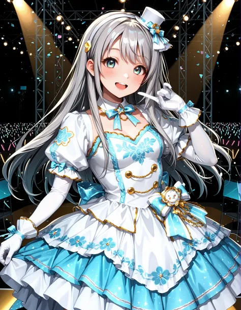 cute idol in glamorous outfits,mini idol costume,Long-sleeved bolero with embroidery， ash grey hair,very big and voluminous bow,white lolita gloves,looking here,bright smiles，Dazzling Smile，cute and dynamic Bose，reach out to the viewers，Big Ribbons on the ...
