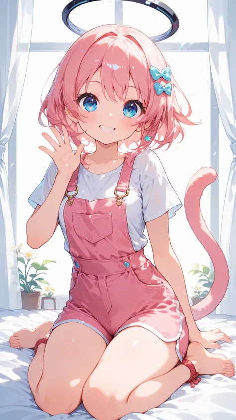 8k, ultra-detailed, masterpiece, best quality, ultra-cute, viral-worthy anime girl illustration. Character: Kiraria Neon.
Appearance: Hair: Short bob haircut with voluminous wavy golden-pink hair, softly curled ends, distinct side locks framing face, cute ...