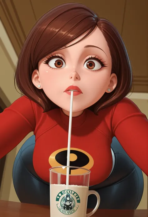 Helen Parr , mature female, medium hair, Bob_cut, brown hair, brown eyes, big eyes, long eyelashes, medium breasts, narrow waist, thick thighs, huge hips, gigantic ass, fair skin, thin hands, earrings, makeup, pink lips, lipstick.| (solo:1.3), 1girl, smoll...