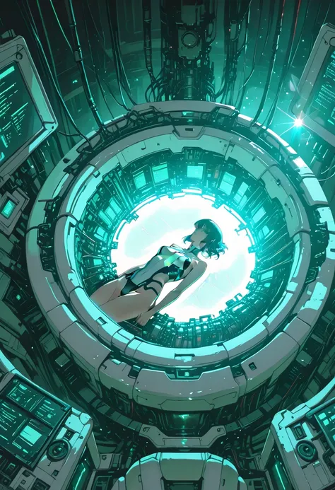 kusanagi motoko, ghost in the shell, futuristic theme, cyber leotard, head gear, laboratory, lying on mechanical seat, from diagonal side, upper body , cables connected on body, backlighting, lens flare, glowing, luminescent cables, white theme