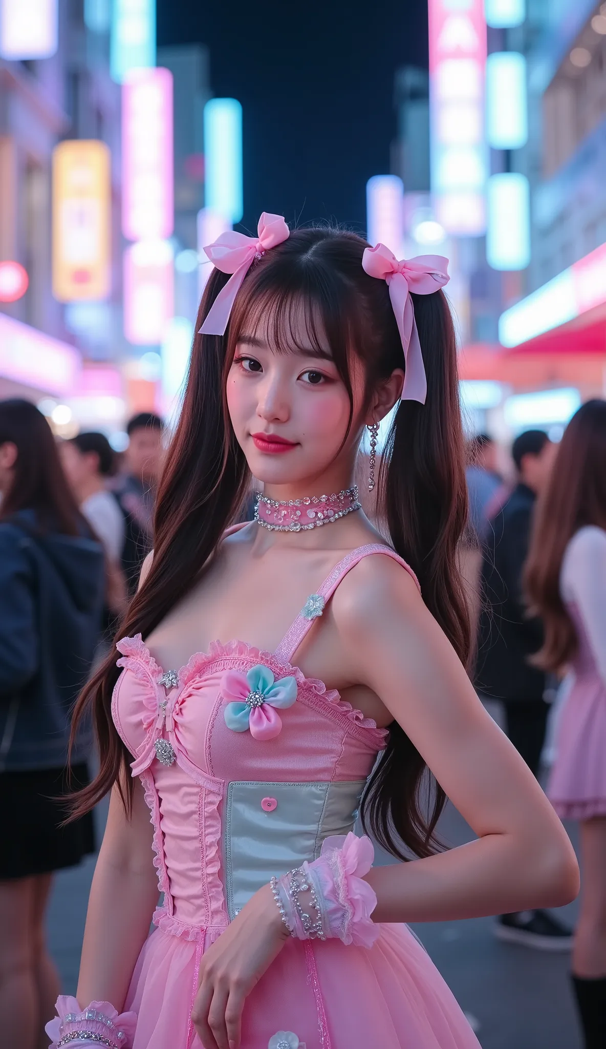 Create a stunning portrait of a beautiful young korean idol wearing harajuku style gothic outfit with various cute and adorable frills. She is posing for photoshoot in a cute and cheerful and energetic manner, exuding confidence aura with various sexy and...
