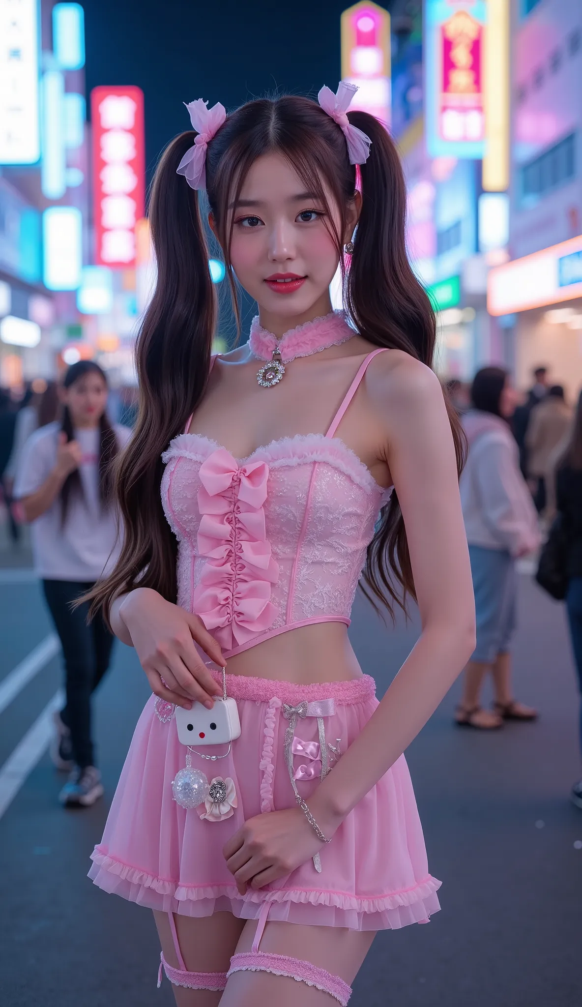 Create a stunning portrait of a beautiful young korean idol wearing harajuku style gothic outfit with various cute and adorable frills. She is posing for photoshoot in a cute and cheerful and energetic manner, exuding confidence aura with various sexy and...