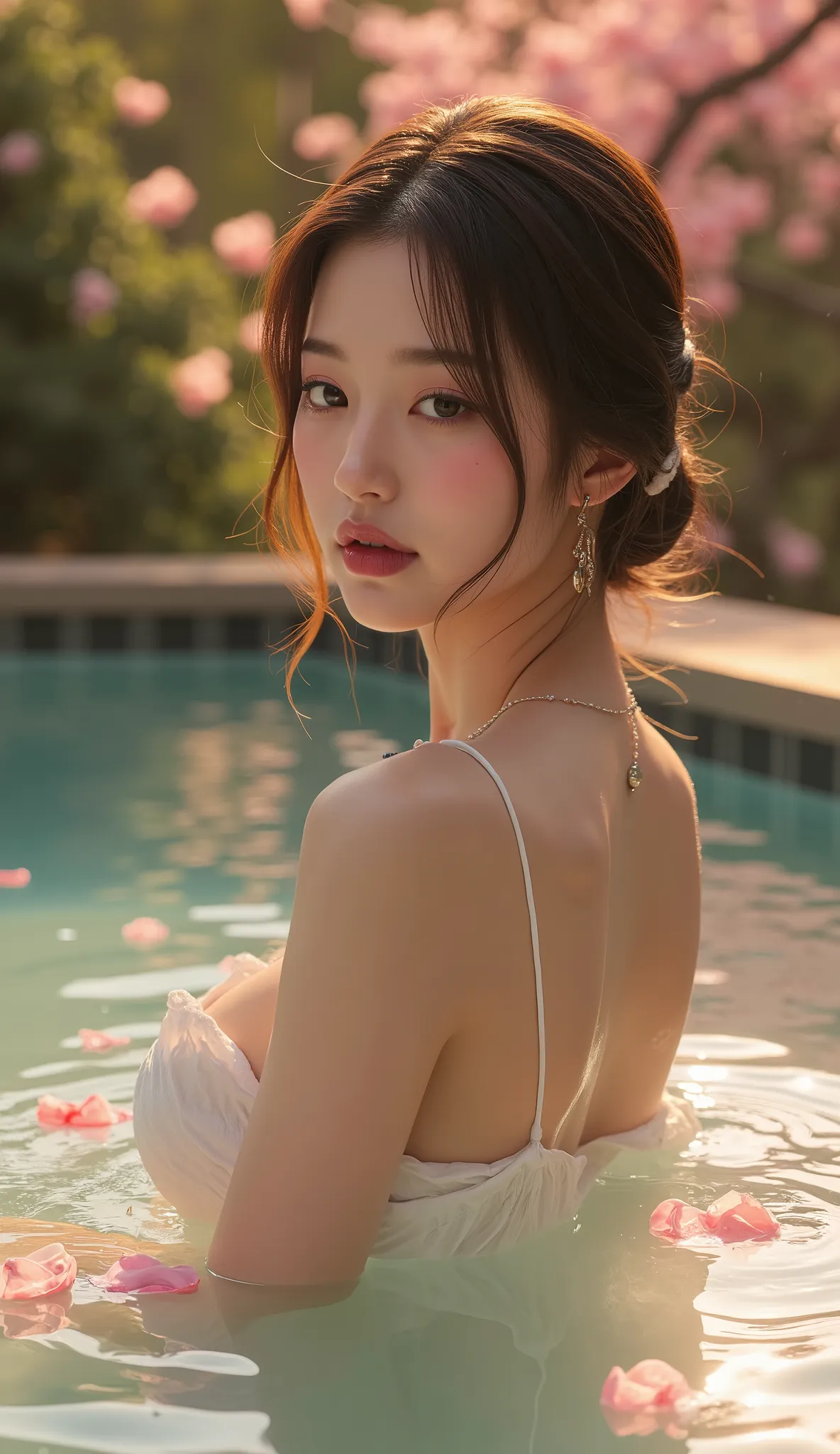 Picture of a beautiful hot spring woman、 Nude Photos 、has nothing to wear、Gesture to hide breasts by soaking in hot water but exposes cleavage、side angle、((Upstyled hair with beautiful wet waves wrapped loosely in a bun))、(An enchanting, ephemeral expressi...