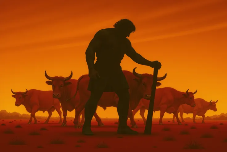 A realistic image depicting Hercules in a bright, golden landscape, herding and driving a herd of red cattle. Hercules is strong and serene, depicted with classical proportions and dressed in minimalist battle-worn attire. His silhouette is illuminated by ...