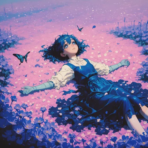 a discarded toy girl with stitched arms and glossy button eyes lies partially buried in a flower field,
her dress is faded and torn, and her hair is tangled with petals,
she gazes upward blankly as butterflies circle gently,
a quiet melancholy fills the...