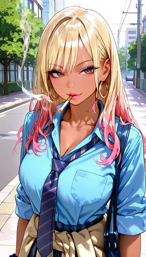 park, outdoors, street, buildings, HDR, 8K, high contrast, masterpiece, best quality, amazing quality, very aesthetic, high resolution, ultra-detailed, absurdres, realistic, newest, scenery, score_9, score_8_up, score_7_up, young schoolgirl smoking on the ...