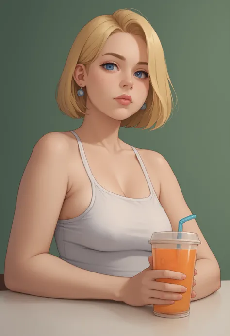 rita loud, mature woman, blonde hair, solo, short hair, medium saggy breasts, gigantic hips. gigantic ass. earrings, fat. | (solo:1.3), 1girl, smoll, extremely tiny frieren with doll joints, on top of large table, perspective, detailed eyes, looking at vie...