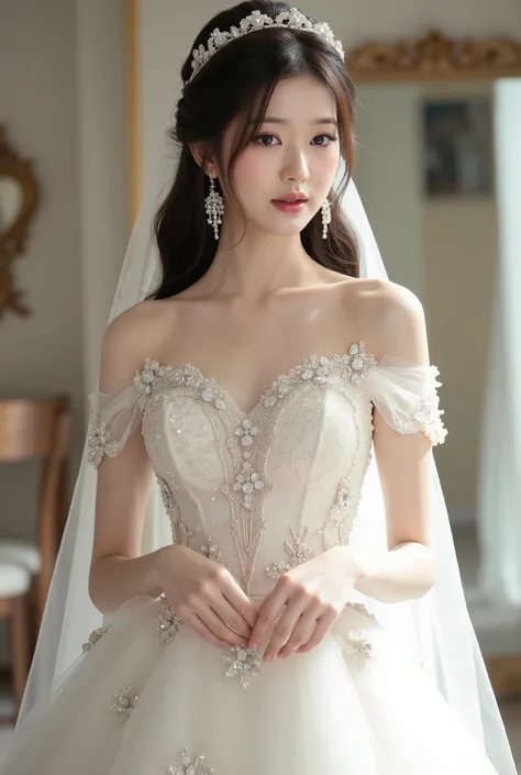 The image showcases a beautiful young korean woman dressed as a bride. She wears an elegant white wedding gown adorned with intricate floral embellishments and shimmering sequins. The dress features an off-the-shoulder design with bustier that accentuate h...