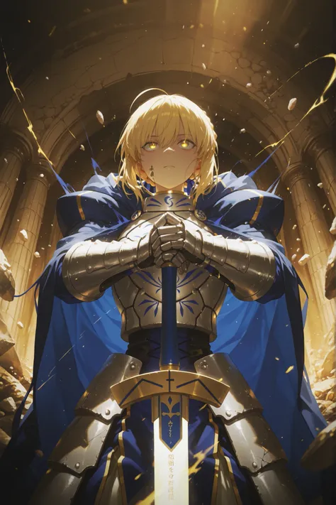 Masterpiece, best quality, amazing quality, ultra-detailed, 8K, digital painting, concept art, cinematic lighting BREAK 1girl, solo, (fate/stay night: Artoria Pendragon), [Saber], serious intense expression, glowing golden eyes, flowing blonde hair, crown ...
