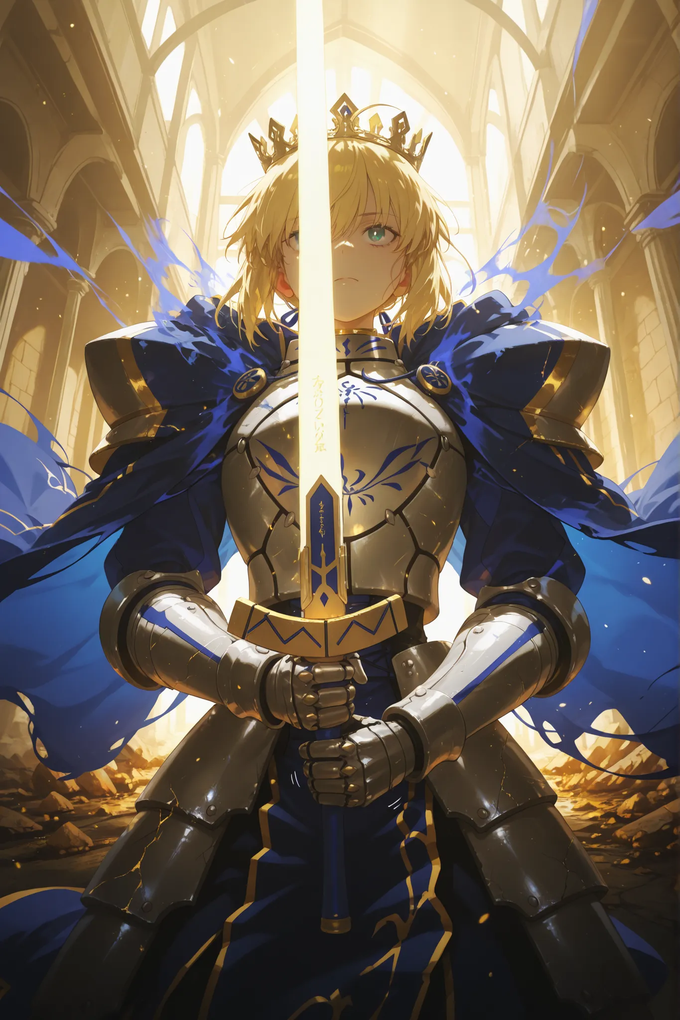 Masterpiece, best quality, amazing quality, ultra-detailed, 8K, digital painting, concept art, cinematic lighting BREAK 1girl, solo, (fate/stay night: Artoria Pendragon), [Saber], serious intense expression,flowing blonde hair, crown braid, BREAK (invisibl...