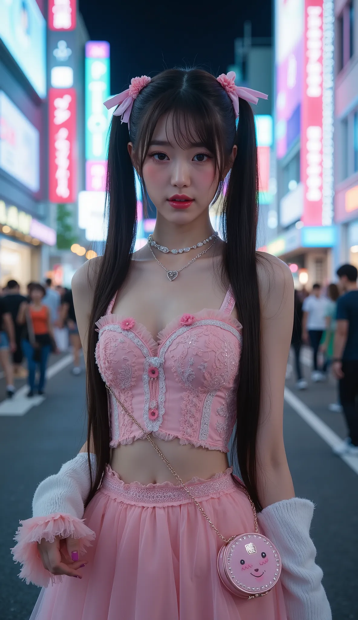 Create a stunning portrait of a beautiful young korean idol wearing harajuku style gothic outfit with various cute and adorable frills. She is posing for photoshoot in a cute and cheerful and energetic manner, exuding confidence aura with various sexy and...