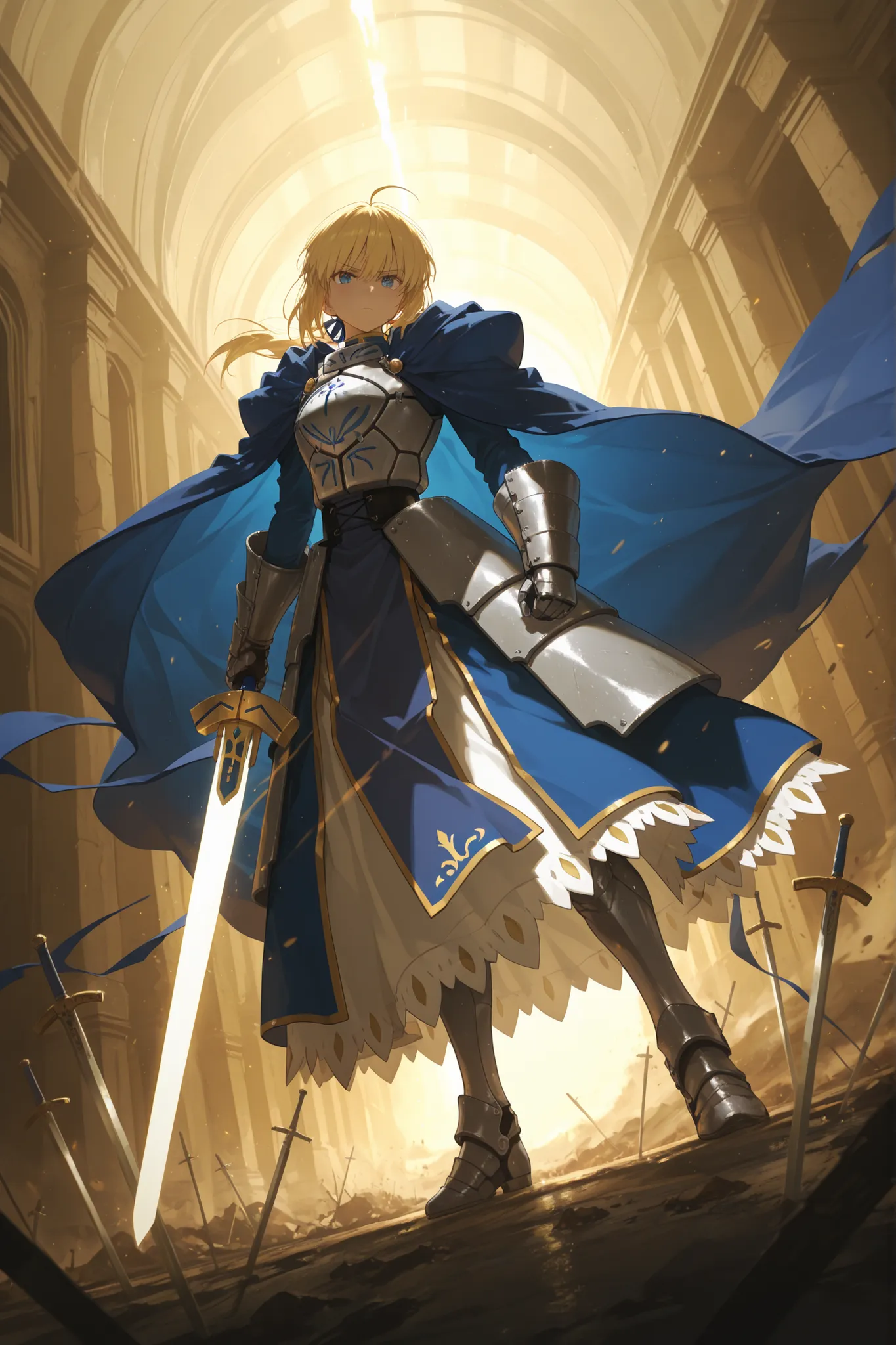 masterpiece, best quality, saber, solo, looking at viewer, serious expression, blonde hair, blue eyes, ponytail, silver armor, blue dress, gauntlets, long cape, armored boots, holding Excalibur, standing in a battlefield, wind blowing cape, golden light, g...